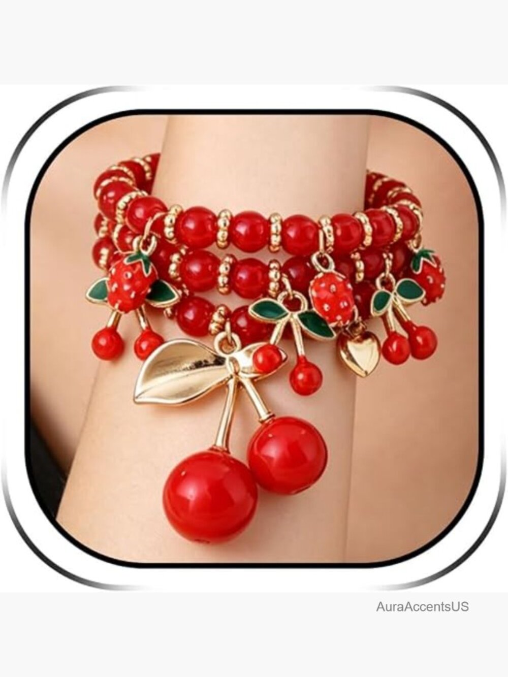 Red Fruit Charm Bracelet Dainty Stackable Summer Jewelry Link